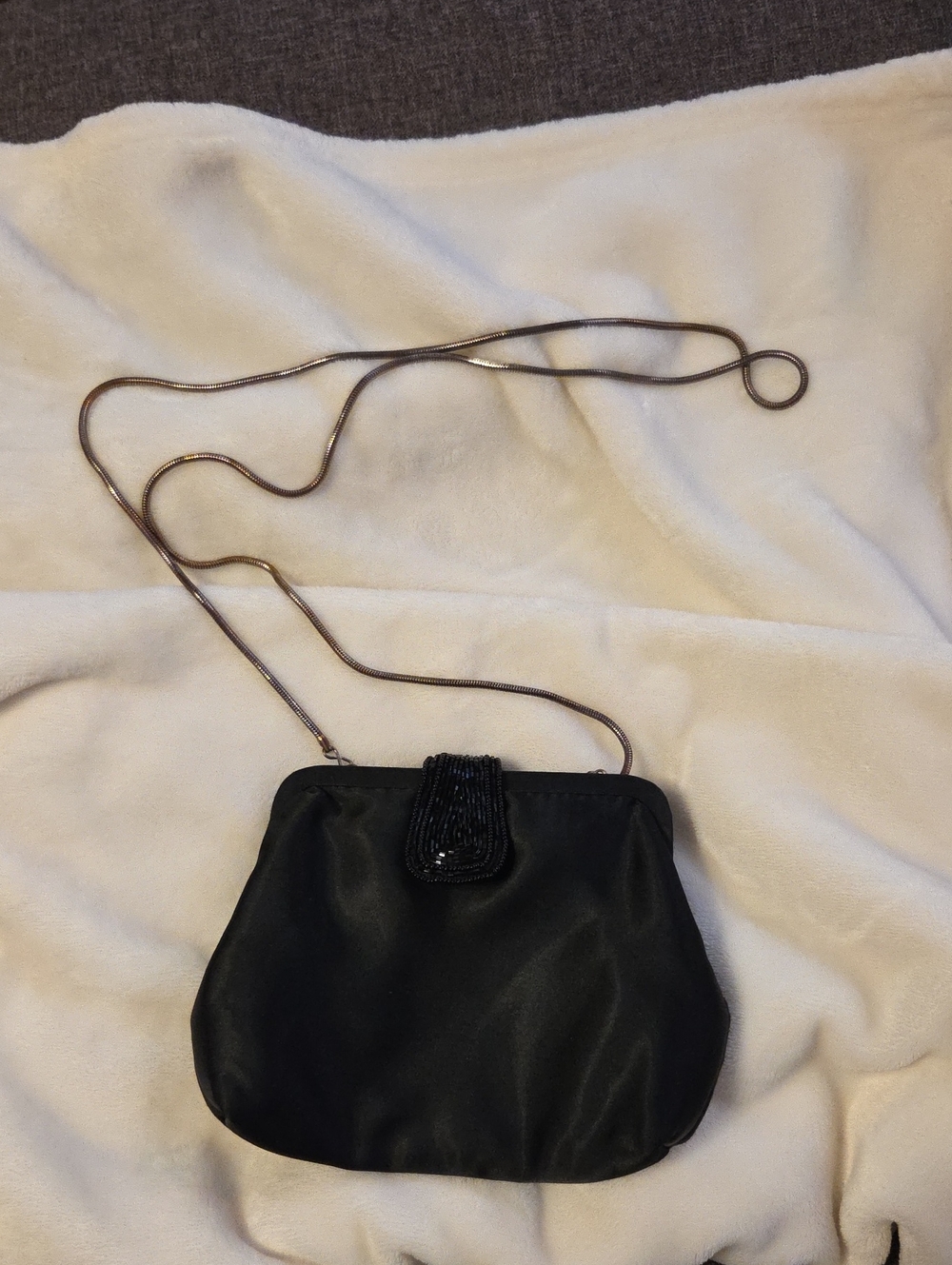 Vintage La Regale Black Satin Beaded Crossbody Purse with Metallic Chain